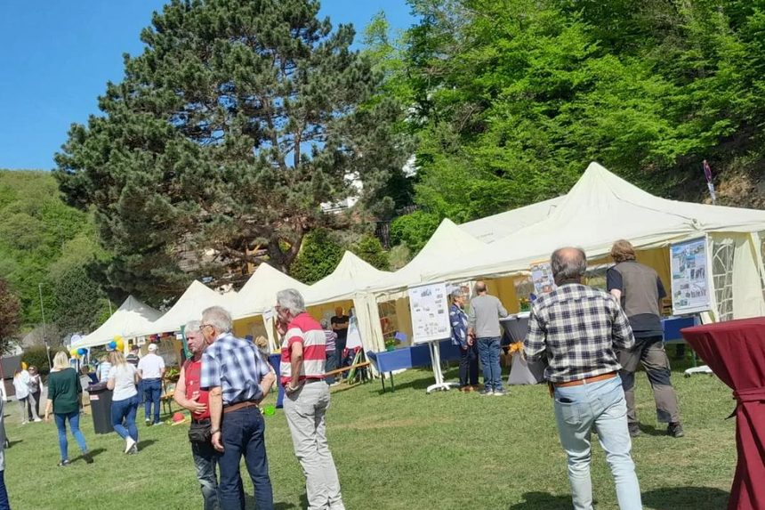 Reihe aufgebauter Zelte auf der Wiese, davor Besucher